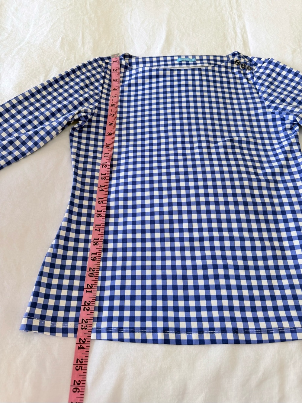 J. McLaughlin | SZ Medium | Blue White Gingham Top | 3/4 Sleeve Catalina Cloth - Picture 3 of 7